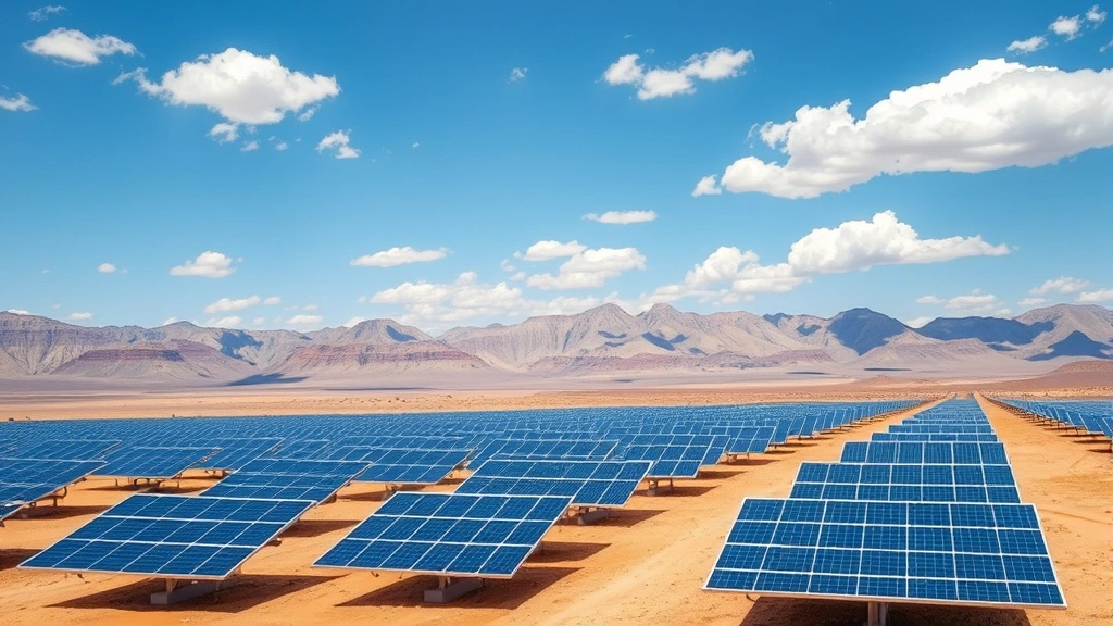Solar panel arrays stretching across desert terrain with mountains in background, blue sky with clouds, showing renewable energy infrastructure in arid environment, photorealistic, natural lighting, no text