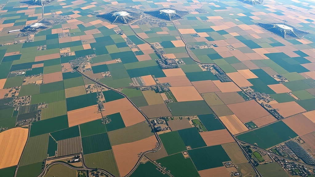 Satellite view of sprawling agricultural landscape with patchwork of green crop fields, brown fallow land, and irrigation patterns visible from above, showing precision agriculture and land-use economics