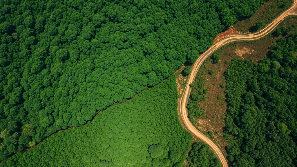 Tropical forest canopy viewed from satellite perspective showing intact green forest adjacent to cleared brown deforestation area with logging roads, illustrating carbon credit economics and ecosystem value