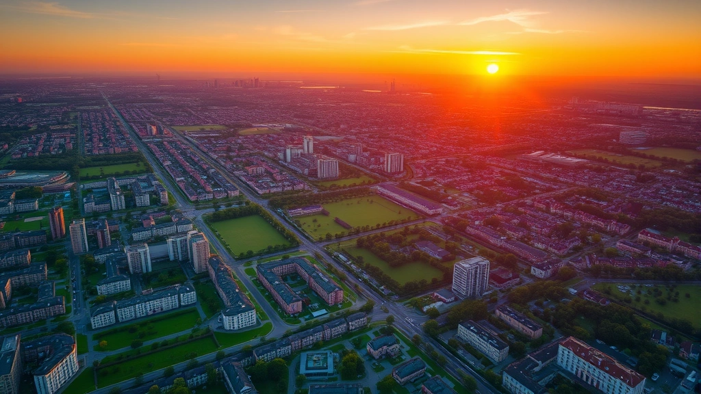 Urban city sprawl at sunset showing building density, green parks, and street networks from aerial view, with thermal imaging showing warmer developed areas transitioning to cooler vegetated regions