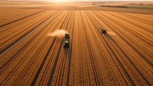 Aerial view of Kansas wheat fields during harvest season with combine harvesters working rows under golden sunlight, showing agricultural landscape patterns and soil conditions