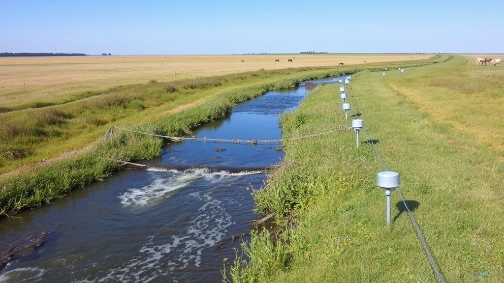 Flowing creek through Kansas grassland with riparian vegetation along banks, water quality monitoring equipment visible, cattle grazing in distant pasture under blue sky