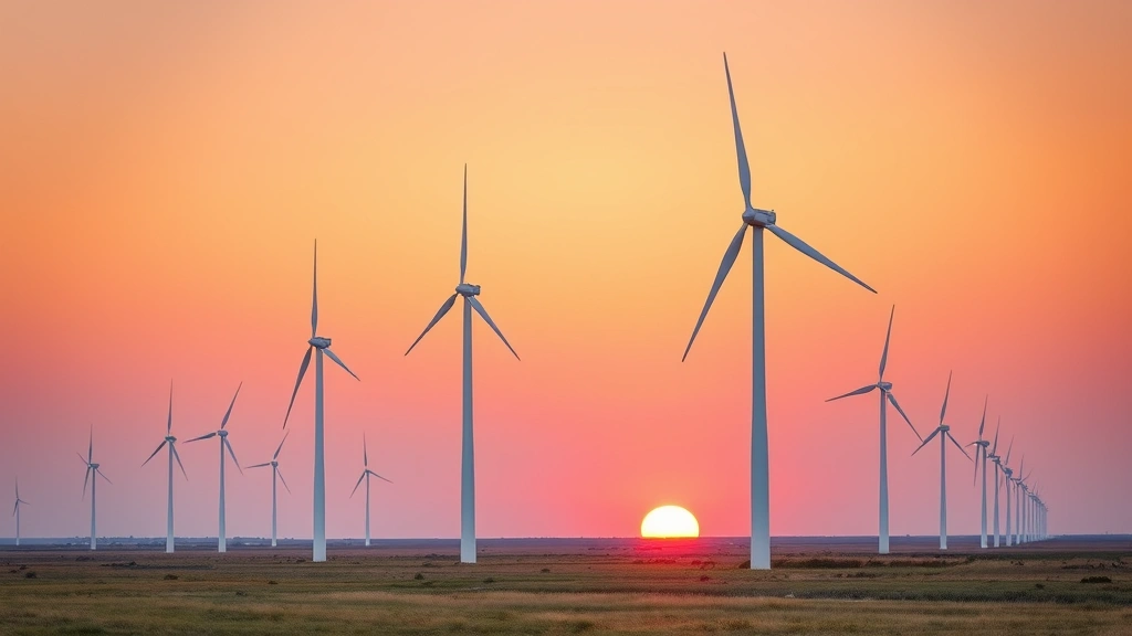 Modern wind turbines on Kansas prairie landscape at sunset, white turbines against orange sky with grassland and horizon, clean energy infrastructure in natural setting