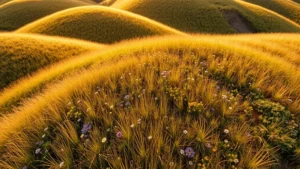 Aerial view of Kansas tallgrass prairie landscape with native wildflowers blooming in golden sunlight, undulating terrain showing natural ecosystem health and beauty, no text or labels
