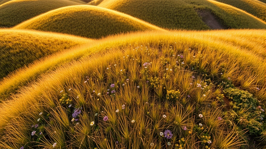 Aerial view of Kansas tallgrass prairie landscape with native wildflowers blooming in golden sunlight, undulating terrain showing natural ecosystem health and beauty, no text or labels