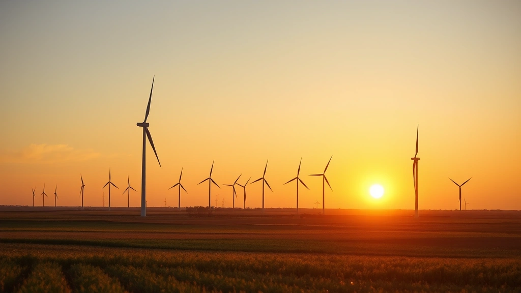 Modern wind turbines across flat Kansas plains during sunset with golden light, agricultural fields in foreground, showing clean energy infrastructure integration with rural landscape, photorealistic