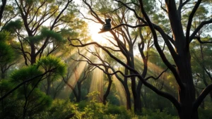 Mature eucalyptus forest with sunlight filtering through canopy, koala silhouette on branch, lush green vegetation, photorealistic natural lighting, pristine wilderness atmosphere