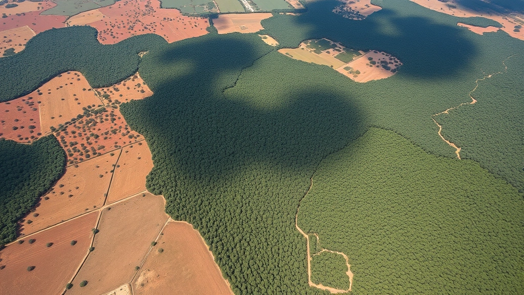 Aerial view of fragmented forest patches surrounded by cleared agricultural land, showing habitat connectivity loss and deforestation patterns, Australian landscape, photorealistic detail