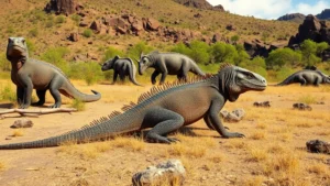 Komodo dragon in natural volcanic island habitat with savanna grassland, dry vegetation, and rocky terrain under tropical sunlight, photorealistic wildlife photography