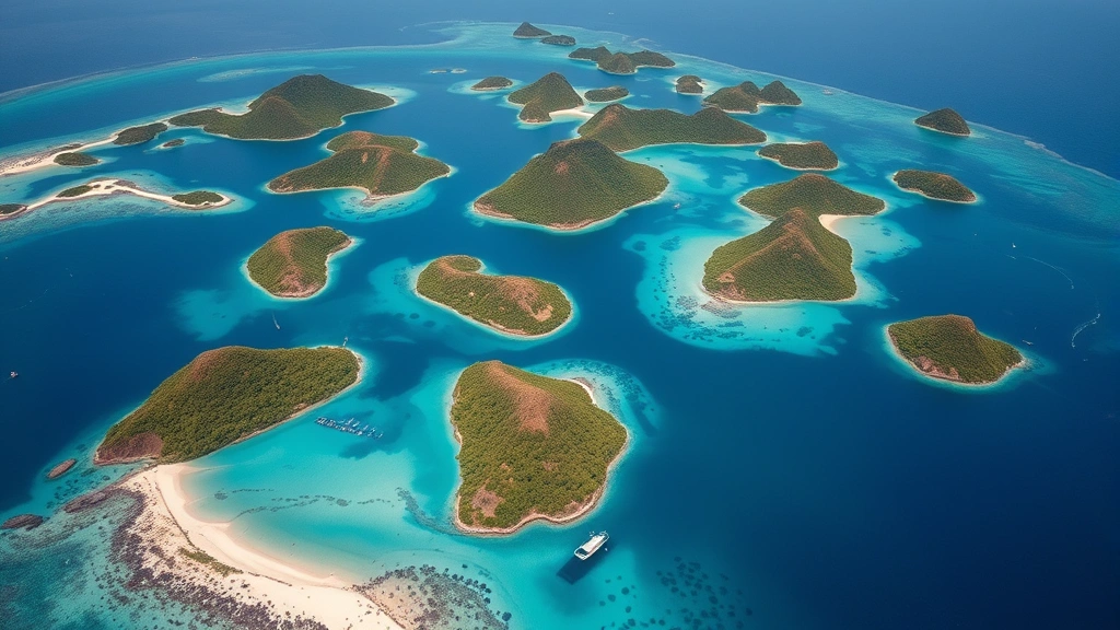 Aerial view of Komodo National Park islands with turquoise waters, coastal forests, and pristine beaches showing ecosystem landscape and conservation area
