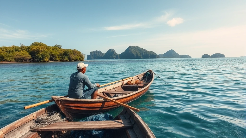 Local Indonesian fisherman in traditional boat near Komodo islands with mangrove coastline and coral reef waters visible, representing community livelihoods and resource use