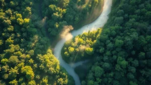 Aerial view of lush tropical forest canopy with winding river, sunlight filtering through dense green vegetation, mist rising from forest floor, photorealistic nature landscape