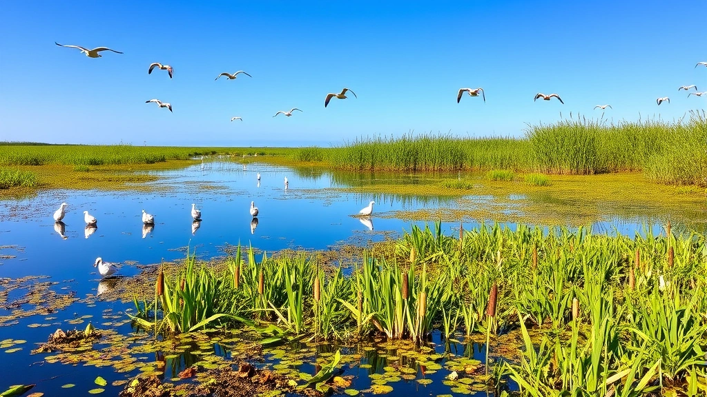 Restored wetland ecosystem with water birds, cattails, and native aquatic plants reflecting in calm water, blue sky, thriving biodiversity habitat, natural conservation area