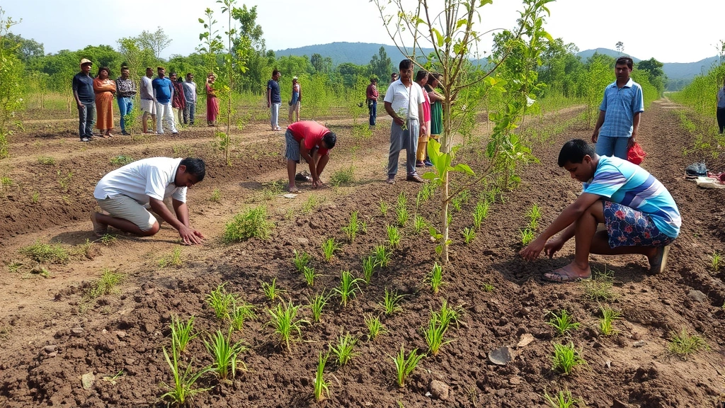 Community workers planting native trees and vegetation in restored landscape, diverse team engaged in restoration work, green shoots and saplings, healthy soil visible, sustainable livelihoods