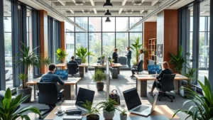 Modern law office interior with natural light, ergonomic workstations, green plants, and collaborative spaces where attorneys work on legal documents and laptops, professional realistic photography