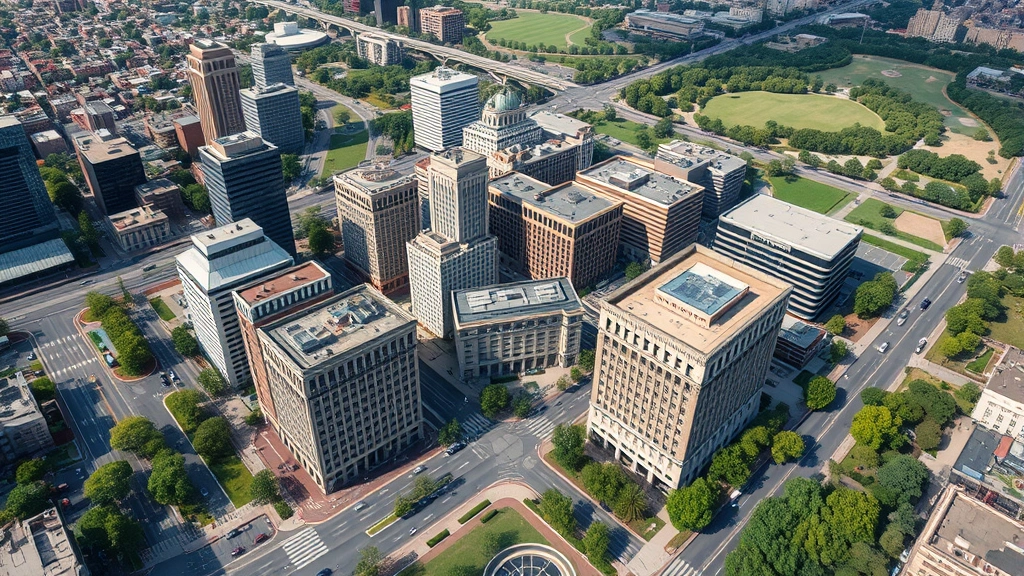 Aerial view of downtown business district with law office buildings surrounded by parks and transportation infrastructure, showing urban density and environmental context, photorealistic daytime scene