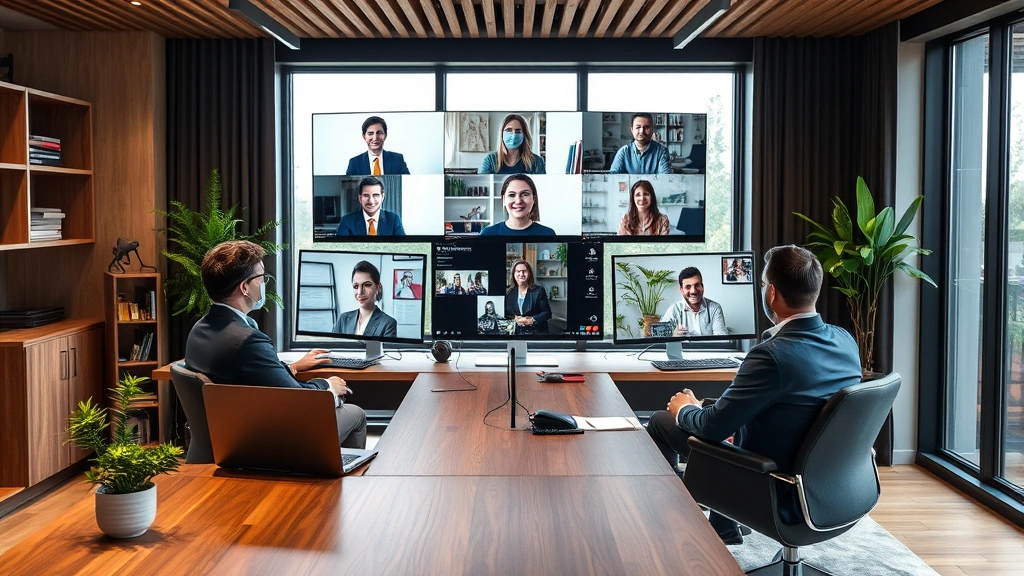 Contemporary hybrid workspace showing some attorneys in office with video conference setup connecting to remote team members on screens, modern sustainable office design with natural materials