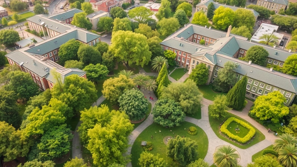 Aerial view of lush green university campus with interconnected buildings, tree-lined pathways, outdoor learning spaces, students studying under trees, integration of natural landscape with built environment, sustainable infrastructure visible, peaceful educational ecosystem