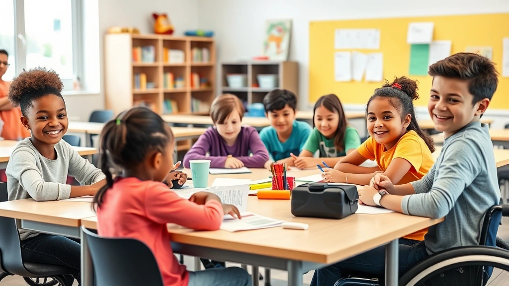 Diverse students collaborating at desks in bright inclusive classroom with natural light, adaptive materials visible, wheelchair-accessible design, engaged expressions showing peer interaction and learning community