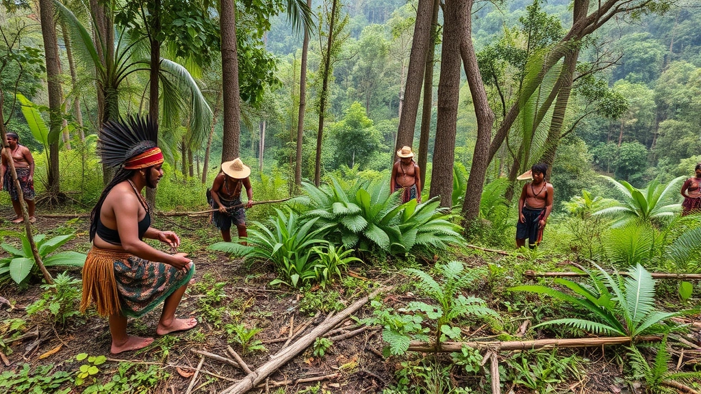 Indigenous community members managing forest ecosystem sustainably, using traditional practices, diverse vegetation and wildlife visible, people working harmoniously with nature landscape, cultural knowledge in action