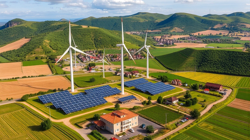 Wind turbines and solar panels in rural landscape with thriving agricultural fields, sustainable energy infrastructure coexisting with community living spaces, green hills, balanced human-nature integration visible