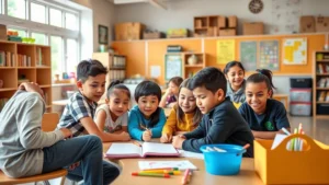 Diverse group of elementary school students of different abilities and ethnicities learning together in a bright, inclusive classroom with natural light, collaborative learning stations, and accessible materials visible