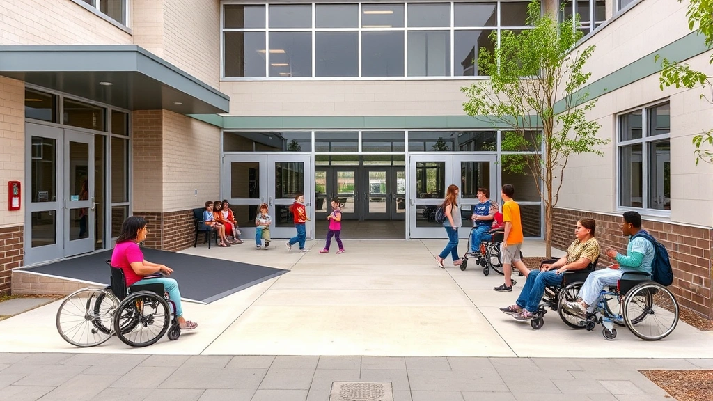 Modern school building exterior with wheelchair-accessible entrance ramp, wide doorways, and outdoor courtyard where students with and without disabilities engage in recreational activities together