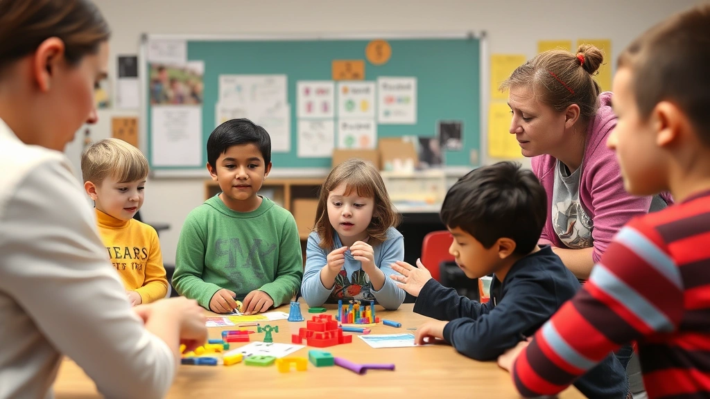 Special education teacher and general education teacher co-teaching in mainstream classroom, using visual supports and manipulatives while students with various disabilities participate alongside non-disabled peers in group learning activity