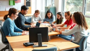 Diverse group of students with and without disabilities collaborating at shared desks in bright, accessible classroom with assistive technology and universal design features, natural sunlight through large windows, showing genuine interaction and engagement