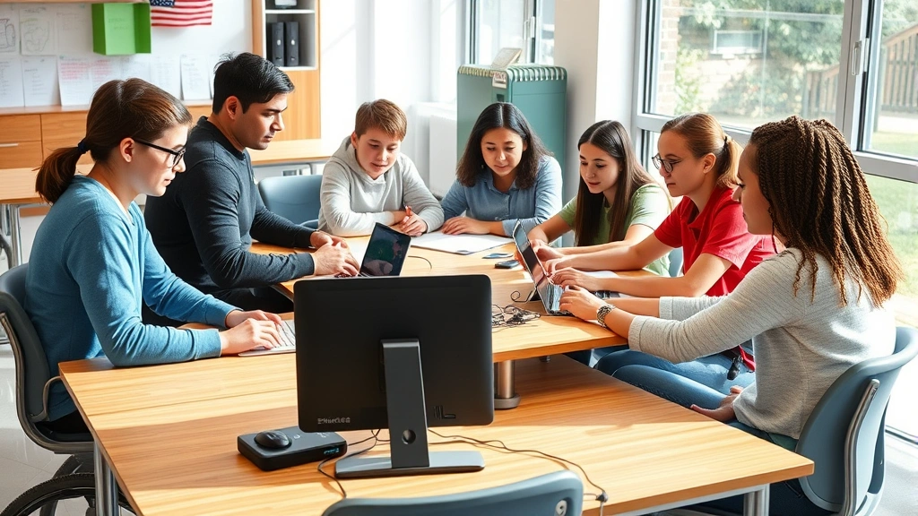 Diverse group of students with and without disabilities collaborating at shared desks in bright, accessible classroom with assistive technology and universal design features, natural sunlight through large windows, showing genuine interaction and engagement