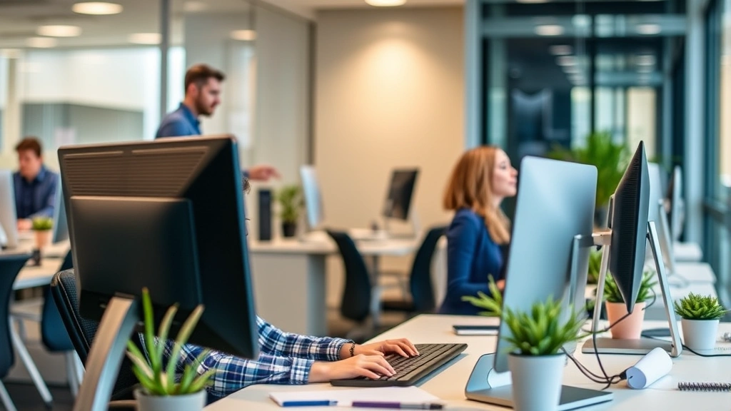 Young adult with disability working confidently at computer desk in modern office environment alongside colleagues, demonstrating workplace integration and professional productivity in inclusive employment setting