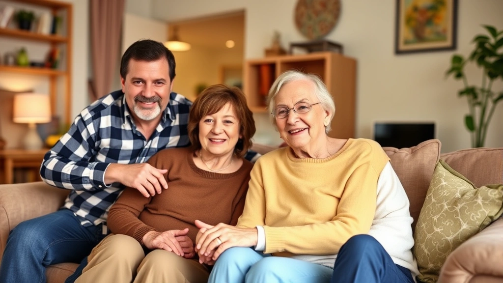 Multi-generational family in comfortable home setting, showing independent living arrangement supported by community services, representing economic benefits of reduced institutional care and improved quality of life