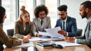 Professional diverse business team reviewing legal documents in modern office with natural light, reviewing contracts and compliance materials on conference table with laptops and tablets