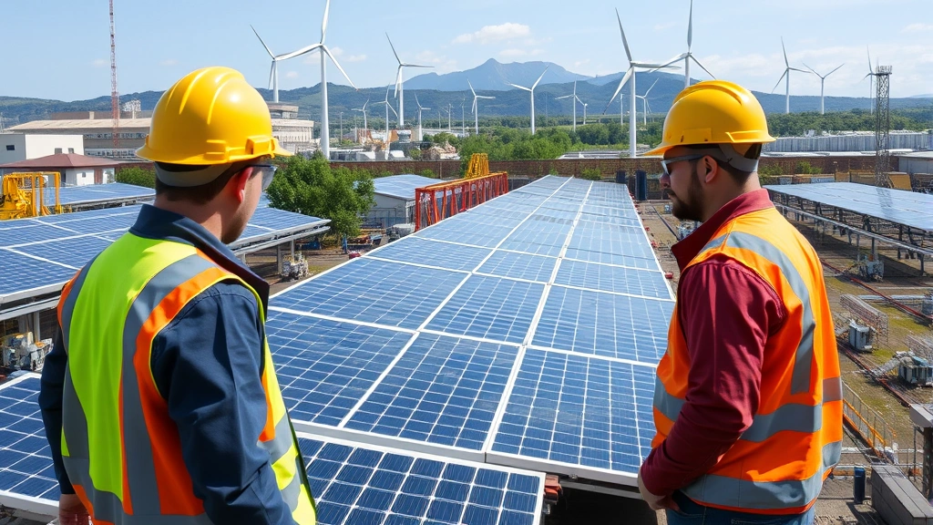 Industrial facility with renewable energy panels and wind turbines visible, workers in safety gear inspecting sustainable manufacturing operations, green certified facility