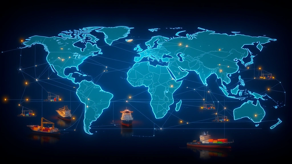 Global supply chain visualization showing interconnected businesses across continents, international trade ports and logistics centers, cargo containers and shipping infrastructure
