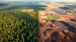 Aerial view of contrasting landscapes: lush green forest on one side transitioning to cleared industrial farmland and mining operations on the other, showing ecological destruction from economic expansion, photorealistic, natural lighting, no text or labels