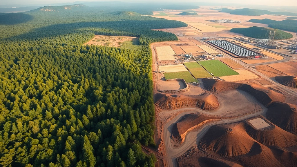 Aerial view of contrasting landscapes: lush green forest on one side transitioning to cleared industrial farmland and mining operations on the other, showing ecological destruction from economic expansion, photorealistic, natural lighting, no text or labels