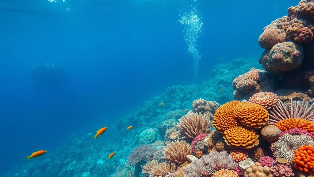 Underwater coral reef ecosystem showing vibrant biodiversity alongside underwater industrial pollution, oil rig in distant background, marine life and degradation coexisting, photorealistic underwater photography, no text