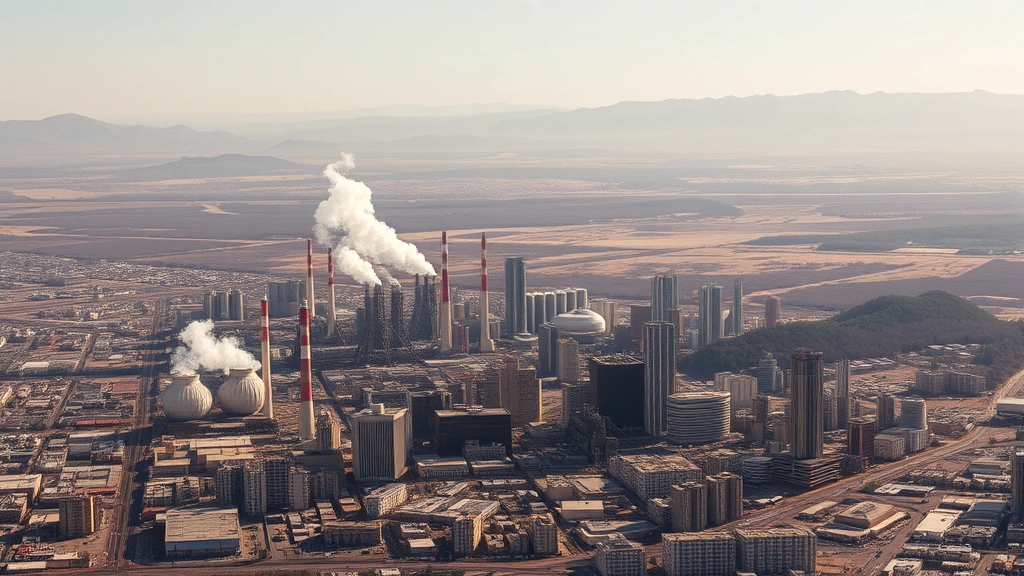 Dense urban cityscape with factory smokestacks and high-rise buildings contrasting with distant barren mountains and deforested areas, showing the spatial relationship between economic centers and environmental damage, aerial perspective, photorealistic, no text or maps