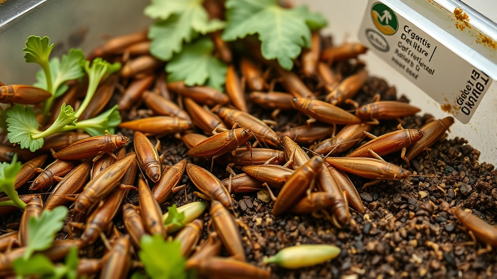 Close-up of feeder crickets in breeding container with organic vegetables, demonstrating sustainable insect farming for reptile nutrition