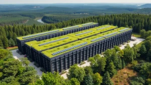 Aerial view of a sustainable data center with green roofs, solar panels, and cooling systems, surrounded by forest vegetation and natural landscape, representing computational efficiency and environmental harmony