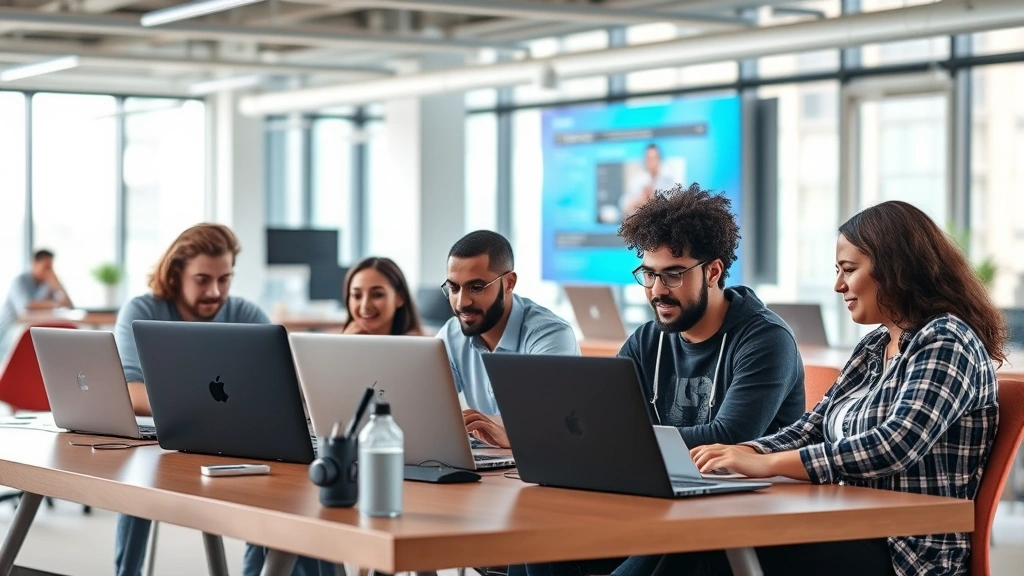 Diverse group of software developers from different backgrounds collaborating at laptops in a modern office space with natural lighting, representing open-source community and global skill development