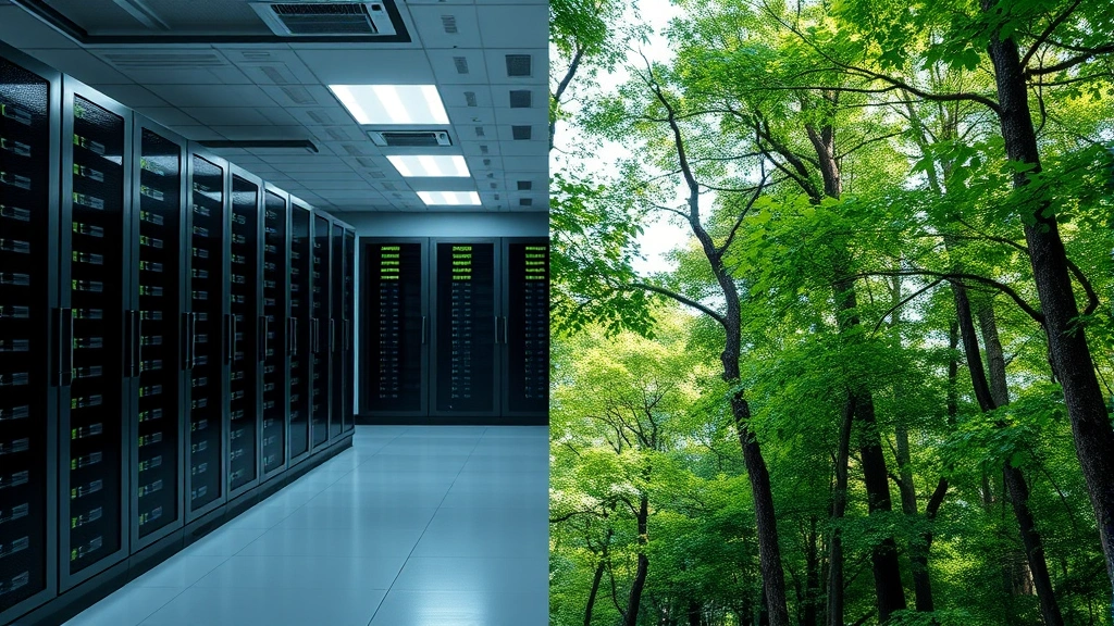 Split-screen comparison showing modern energy-efficient server room with LED indicators on the left, and lush green forest ecosystem on the right, symbolizing balance between technology and environmental conservation