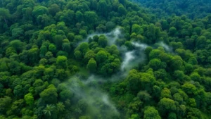 Aerial view of intact tropical rainforest canopy with diverse tree species, morning mist rising from forest floor, vibrant green vegetation covering rolling terrain, sunlight filtering through dense canopy creating dappled light patterns on understory, no visible human structures or text