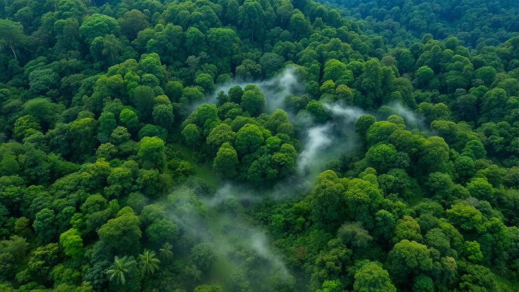 Aerial view of intact tropical rainforest canopy with diverse tree species, morning mist rising from forest floor, vibrant green vegetation covering rolling terrain, sunlight filtering through dense canopy creating dappled light patterns on understory, no visible human structures or text