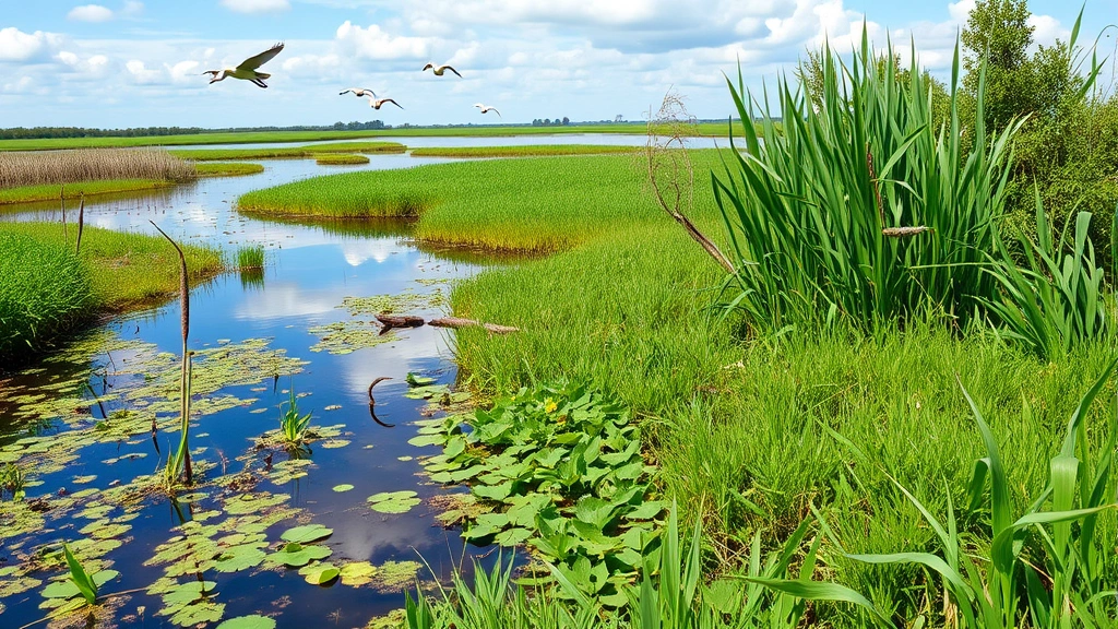 Wetland ecosystem with water channels reflecting sky, cattails and marsh vegetation, wading birds hunting in shallow water, lush green vegetation creating natural water filtration system, diverse plant species visible, natural landscape composition showing ecological productivity, no charts or labels