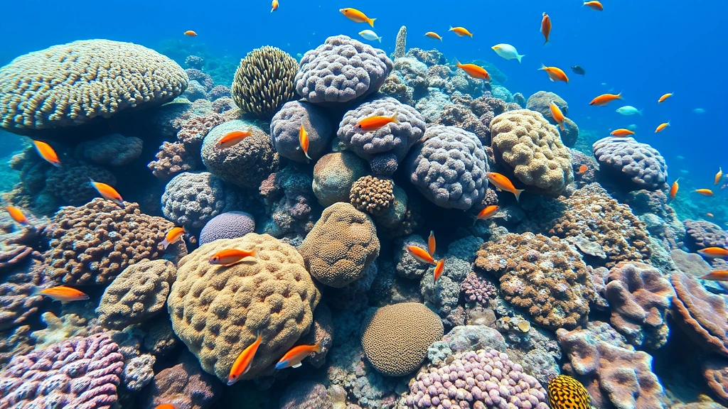 Biodiverse coral reef system with multiple coral species in various colors, tropical fish swimming among coral formations, clear blue water, healthy marine ecosystem showing biodiversity and resilience, vibrant underwater landscape with natural composition, no text or human elements visible