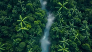 Aerial view of intact tropical rainforest canopy with river winding through dense green vegetation, morning mist rising, photorealistic, natural lighting, no text or labels