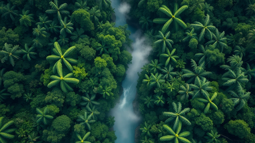 Aerial view of intact tropical rainforest canopy with river winding through dense green vegetation, morning mist rising, photorealistic, natural lighting, no text or labels