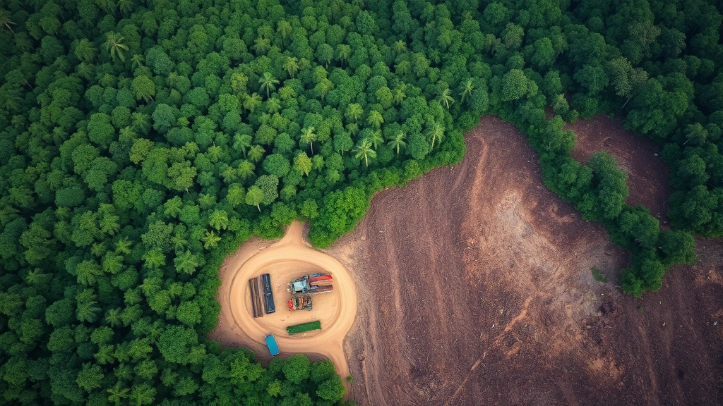 Aerial view of deforestation contrast: lush tropical rainforest transitioning to barren cleared land with logging equipment, showing economic impact on biodiversity and habitat loss, photorealistic landscape photography